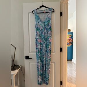 Lilly Pulitzer Tropical Floral Jumpsuit – Pink & Aqua Print – Size L